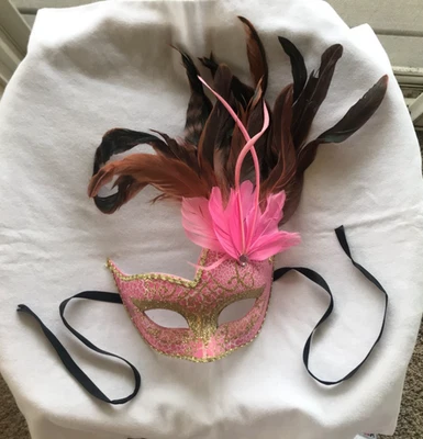 GORGEOUS!! Pink w/Gold Sequined & Feathered Masquerade Mask w/ Ribbon Ties!! - Image 1 of 4