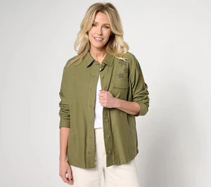 Peace Love World Love Unites Us 100% Cotton Utility Jacket Olive Green 1X - Picture 1 of 6