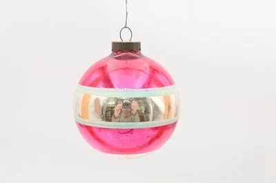Vntg Shiny Brite Ornament Silver With Pink and Blue Stripes US of A Box #27 - Image 1 of 4