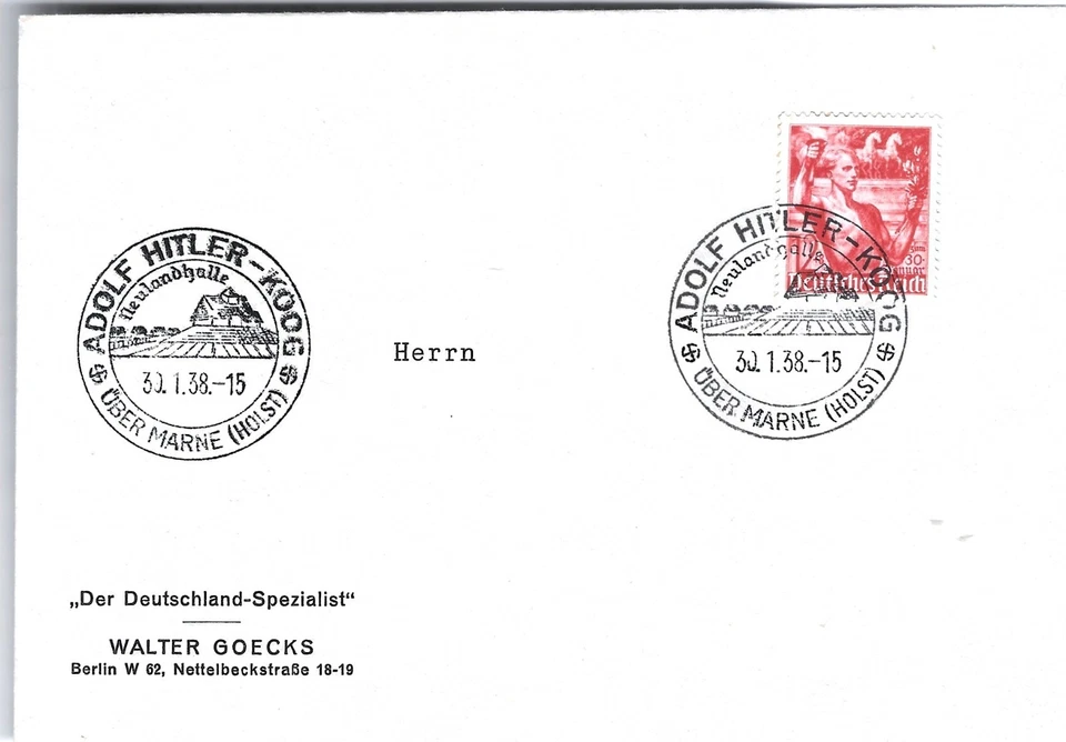 WW2 WWII German Third Reich used  cover  cancel Adolf Hitler Koog - Image 1 of 1