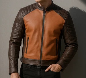 Mens Two-Tone Cafe Racer Biker Real Leather Jacket - Genuine Leather Jacket - Imagen 1 de 4