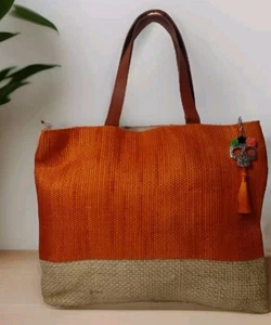 Mexican Jute Tote With Leather Handles Day Of The Dead Charm Dia De Los Muertos - Picture 1 of 9