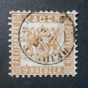 GERMANIA ,GERMANY ,Old State 1862 BADEN Stemma fondo Bianco" 9Kr.braun USED - Foto 1 di 1