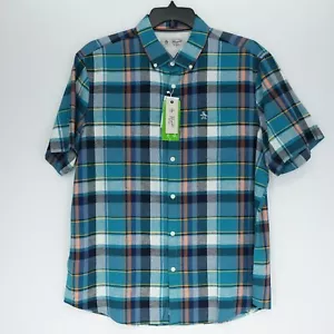 Camisa Original Penguin Para Hombre Manga Corta XL Teal Blanco Negro Blanco A Cuadros Nueva Con Etiquetas - Imagen 1 de 15
