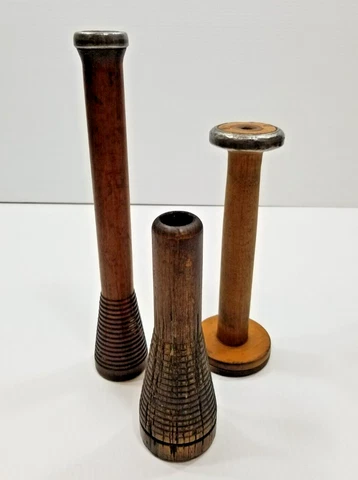 Lot 3 Vintage Industrial Textile Wooden Bobbins Wood Thread Spools Cover