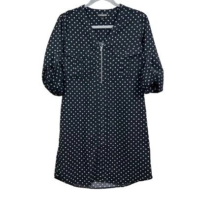 Express женское платье цветочный четверть молнии рулон вкладка рукав карманы черный белый Sz S - Изображение 1 из 4