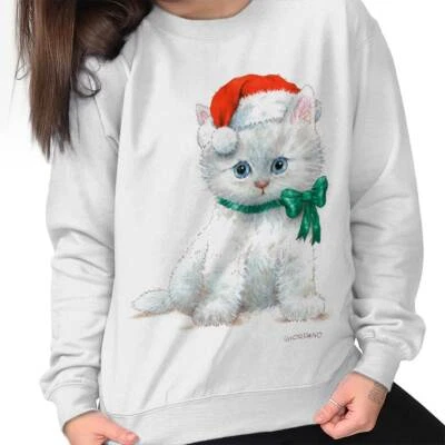 Santa Hat Cat Lady Christmas Kitten Pet Gift Womens Long Sleeve Crew Sweatshirt - Image 1 of 4