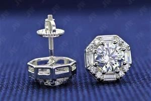 Round And Baguette Stone Octagon Shape Silver Earring (Screw Back) - Picture 1 of 4
