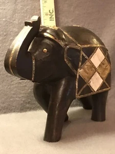 Large Hand Carved Wood Statue Brass Inlay Bull Elephant 8" Tall 10" Long India  - Picture 1 of 12