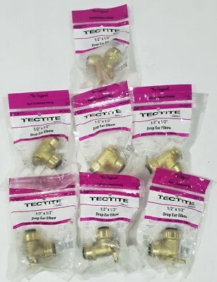 Tectite 1/2" Brass Push-to-Connect 90-Degree Drop Ear Elbow (lot of 7) FSBDEE12P - Image 1 of 3