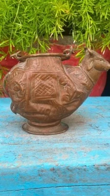 Ancient Very Rare Hand Carved Cow Shape Copper Hindu Saint Ritual Holy Water Pot - Image 1 of 4