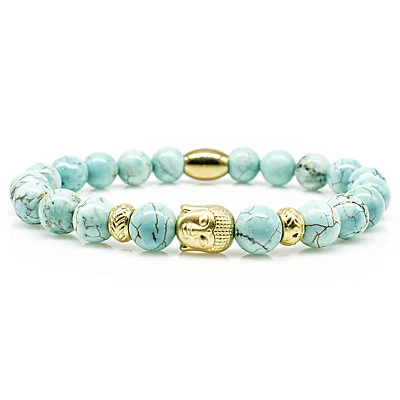 Türkis Armband Bracelet Perlenarmband Buddha 24k vergoldet 8mm Edelstahl Perlen - Bild 1 von 2