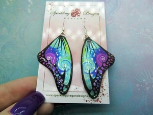 Butterfly Earrings Swirling Purple Blue Rainbow Delightful and Whimsical - Picture 1 of 6