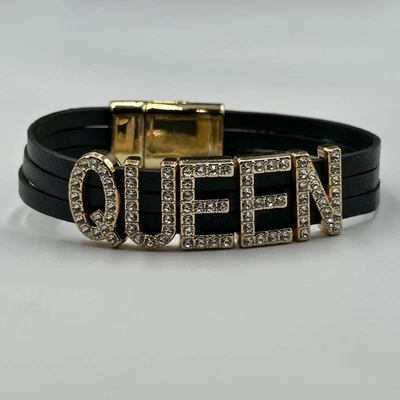 Queen Bracelet Gold Tone Black Leather Band Rhinestones Letter Magnetic Clasp - Image 1 of 4