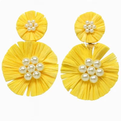 Yellow Raffia Flower Statement Earrings Faux Pearl Clusters Gold Tone Metal - Image 1 of 4