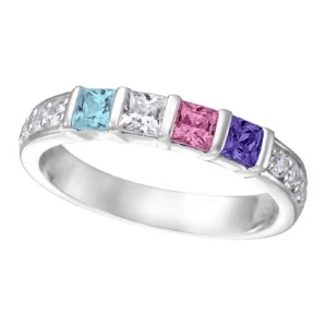 10K/14K Gold or Silver Princess w/ Side Mother's Ring 1–6 Simulated Birthstones - Picture 1 of 15