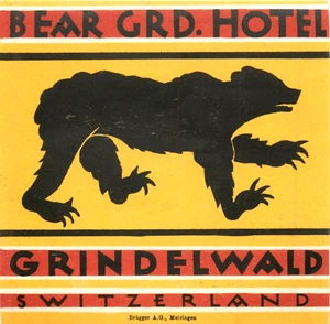 Hotel Bär Grd ~GRINDELWALD - SUIZA~ Hermosa etiqueta de equipaje Brugger, 1935 - Imagen 1 de 2