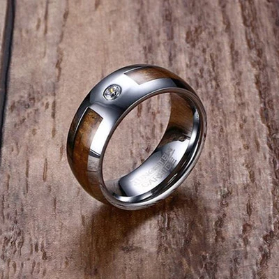 8 毫米男式硬质合金钢 CZ 表带银色抛光订婚戒指 尺寸 7-11 — 第 1/4 张图片