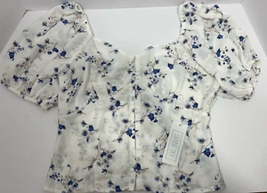 Sienna Sky Womens Blouse White Floral Short Sleeve V-Neck Elastic Size S - Picture 1 of 5