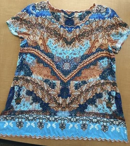 Soft Surroundings Tunic Blue Paisley Small Embroidered Hem Short sleeve Slits - Picture 1 of 7