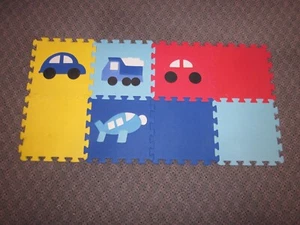 8 PC CHILDRENS MULTI COLOR PUZZLE  PLAY MAT, 12" X 12" SQ.,CARS, PLANES, , # 21H - Picture 1 of 9