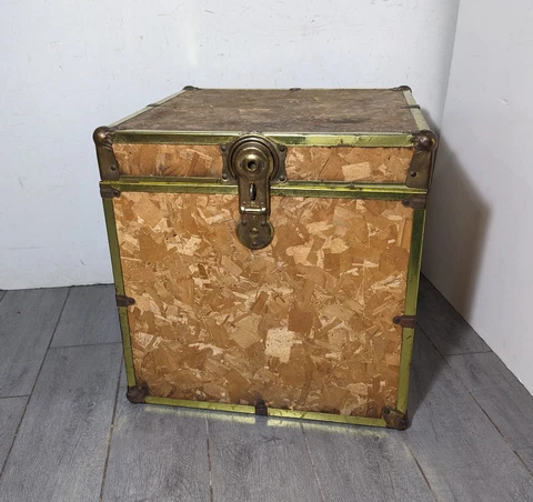 Vintage Cube Steamer Trunk/Chest Side End Table - Brass/Gold Trim Cover