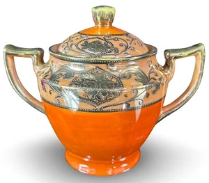 Vintage Orange Luster Sugar Bowl - Japan Raised Gilt, Hotta Yu Shoten Mark - Picture 1 of 14
