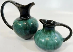 Vintage Pair Blue Mountain Pottery Turquoise Drip Glaze Cream Milk Pitcher Jugs - Picture 1 of 12