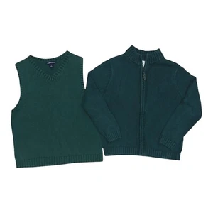 Lands’ End Boys Uniform V-neck Vest Long Sleeve Full Zip M 10-12 Sweater Green - Picture 1 of 3