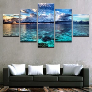 Blue Calm Ocean Sea Cloudy Seascapes Canvas Prints Painting Wall Art Decor 5PCS - Picture 1 of 6