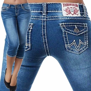 Pantalones cortos vaqueros Capri 3/4 Bemuda mujer verano pantalones elásticos cadera costura gruesa - Imagen 1 de 4