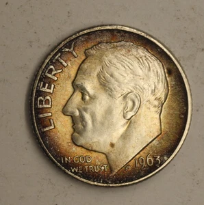 1963 D Roosevelt Dime UNC/AU Toning Rainbow - Picture 1 of 3
