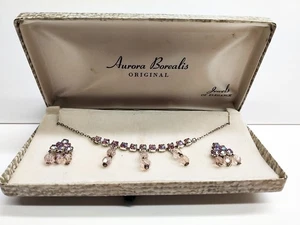 Aurora Borealis Crystal Necklace & Clip Earrings Set Original Box 1960s - Picture 1 of 6