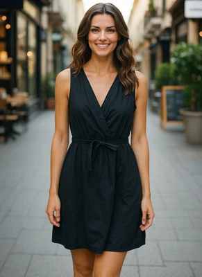 Vestido informal de verano Converse de algodón negro con sobrepelliz de lazo en la cintura, grande Foto 1 de 4