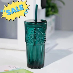 NUEVO vaso de vidrio Starbucks verde oscuro 18 oz con pajita y tapa - taza de viaje Goddess - Imagen 1 de 8