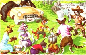MAINZER Dressed Cats 4922 CAMPFIRE COOKING/BEAR Belgium ANTHROPOMORPHIC Postcard - Picture 1 of 2