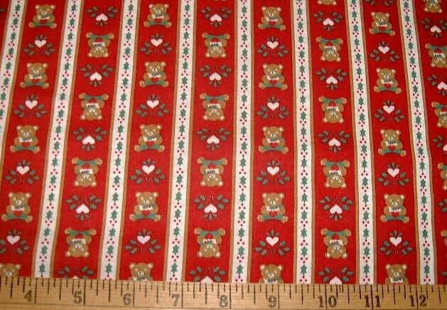 PETER PAN Fabric - Bears Holly & Hearts Stripe on Red - 31" REMNANT - Image 1 of 1