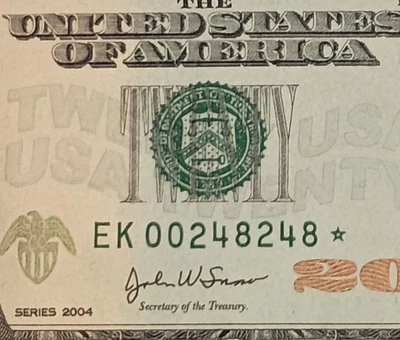 EK00248248* $20 2004 K Star Note Fancy Serial Number Repeater Twenty Dollar Bill - Image 1 of 3