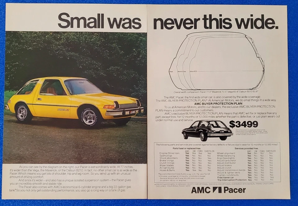 1976 AMC PACER ORIGINAL CLASSIC 2 PG COLOR PRINT AD AMERICAN MOTORS CORPORATION - Image 1 of 1