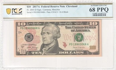2017A $10 Federal Reserve Note Cleveland PCGS Superb Gem68 PPQ FR#2045-D - Image 1 of 2