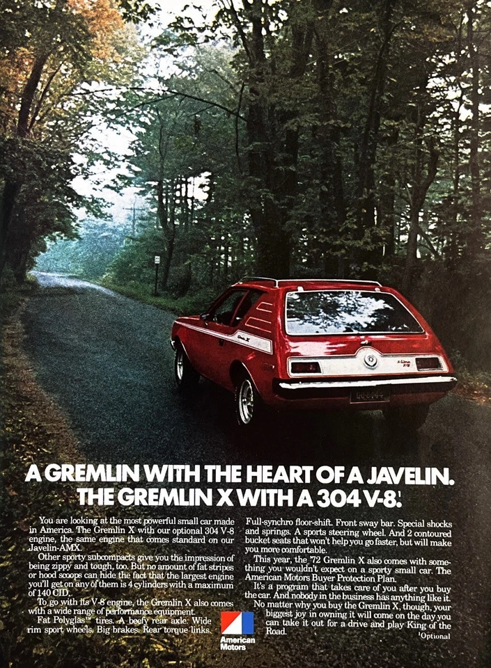 1972 AMC GREMLIN X Genuine Vintage Print Ad Automobile Car American Motors - Image 1 of 1