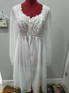 Vtg 50s 60s Olga Sheer chiffon Bridal Peignoir Robe Gown Lace Nylon Pearls - Picture 1 of 5