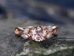 1.5Ct Lab-Created Morganite Leaf Vine Split Shank Ring REAL 9ct SOLID Rose Gold - Picture 1 of 7