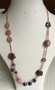 24" Rose Gold Plated Chain & Mookaite, Agate & Rhodonite Bead & Flower Necklace - Picture 1 of 6