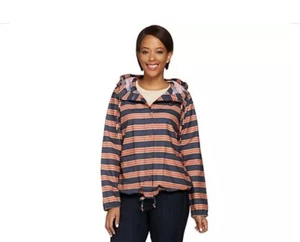 Isaac Mizrahi Live! L TRUE DENIM Striped drawstring hood and hem Anorak Jacket - Picture 1 of 5