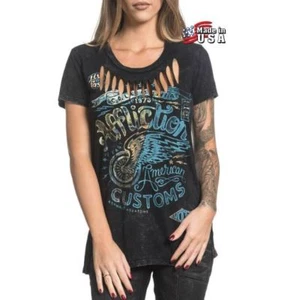 NWT AFFLICTION Black NO LUCK MOTORS Laser Cut T-Shirt Top Womens Small - Picture 1 of 5