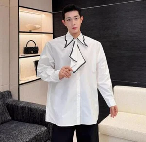 Men's Youth Korean Fashion Two Tone Necktie Long Sleeves Casual Dress Shirt - Picture 1 of 9