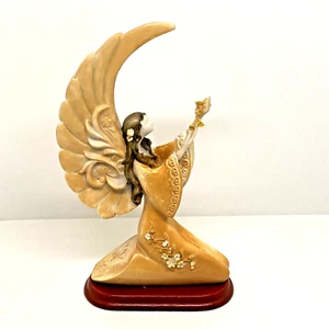 Kneeling Angel Carved Resin Figurine Wood Base Vintage Large Wings Floral Accent - Picture 1 of 24