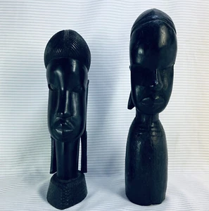 2 Vintage Ebony Wood Hand Carved Besmo African Head Busts Figures Man Woman EUC - Picture 1 of 15