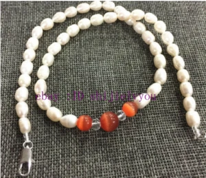 Natural 7-8mm White Akoya Freshwater Rice Pearl & Red Opal Necklace 18'' - Picture 1 of 4